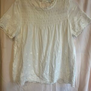 Cream Smocked Short Sleeve Blouse with Bib Collar